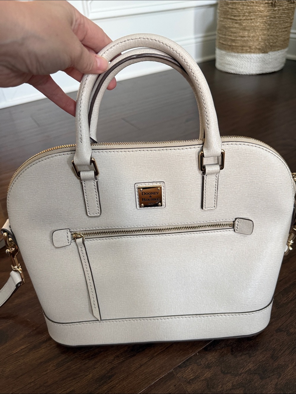 Dooney & Bourke Saffiano Leather Satchel Crossbody Ivory Taupe Gold Hardware - Picture 2 of 15